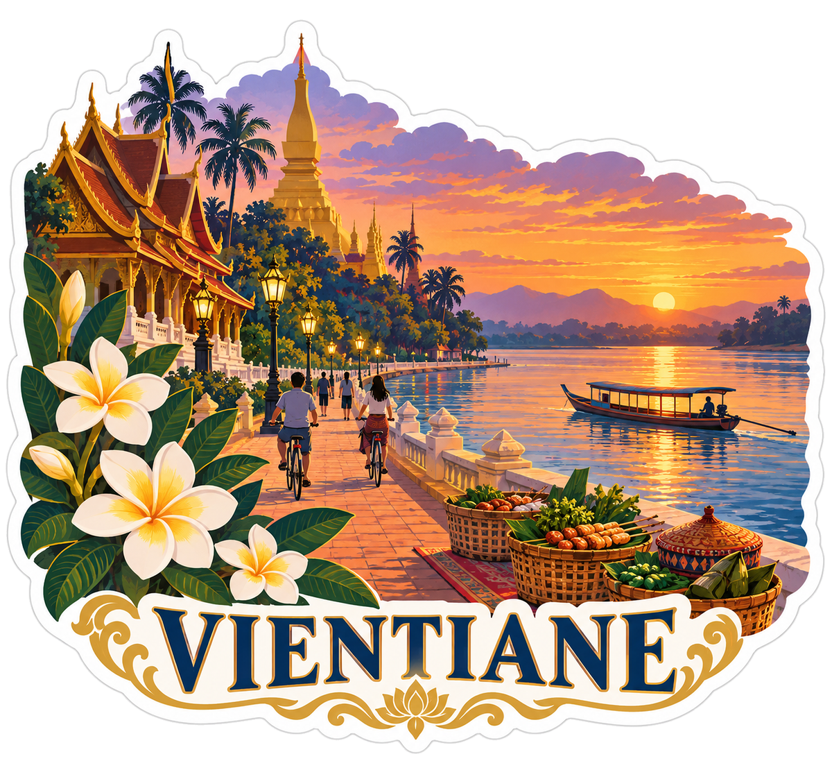 Vientiane Sunset River and Flowers Art Vinyl Decal Stickers