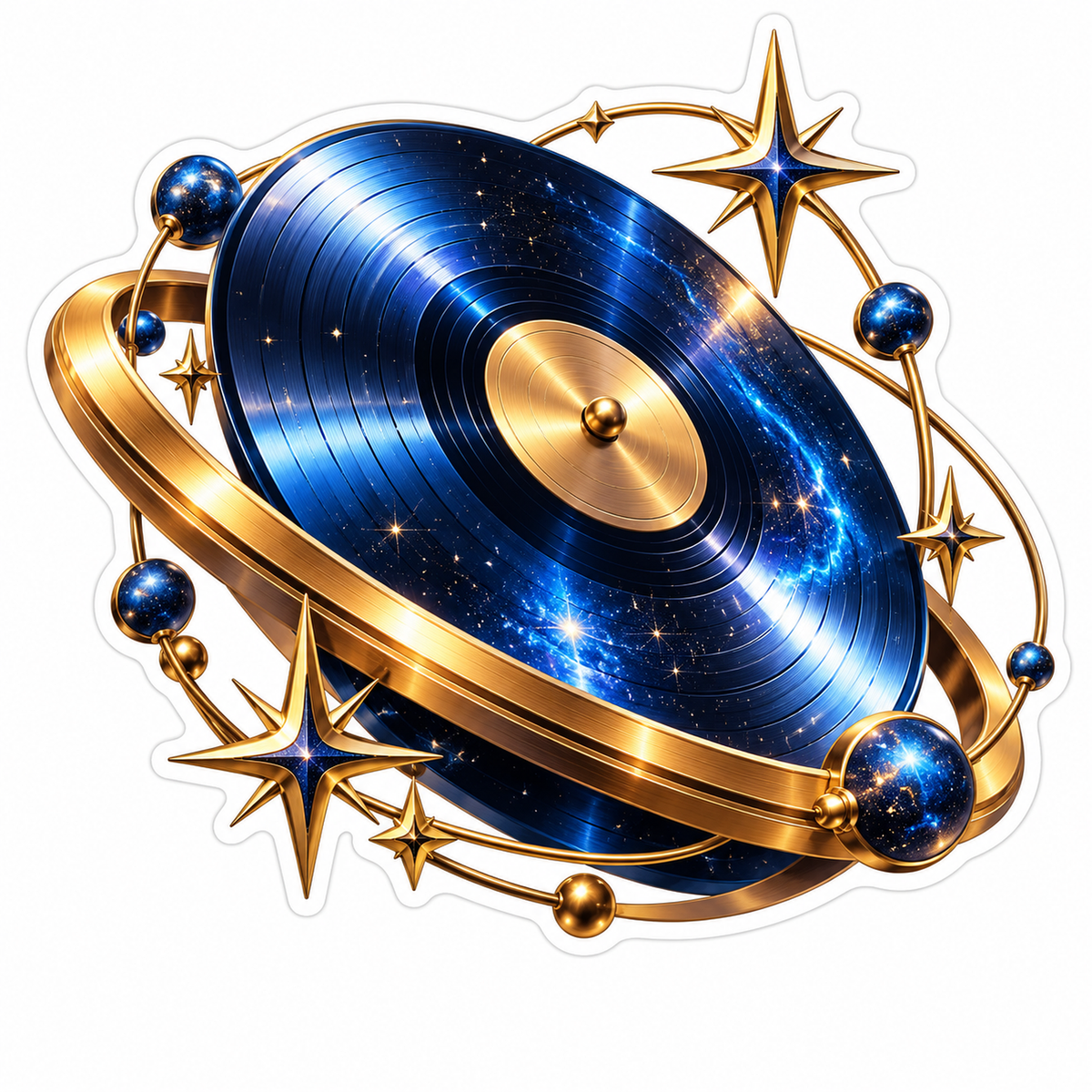 Blue Cosmic Record with Golden Orbit Rings Vinyl Decal Stickers