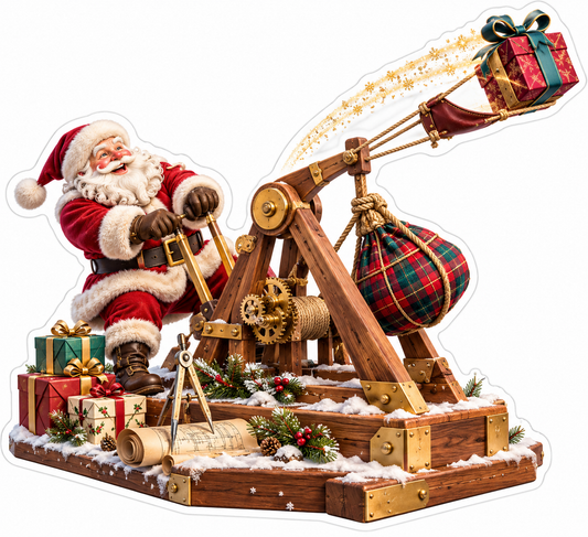 Santa Launching Wrapped Gift Wooden Lever Vinyl Decal Stickers