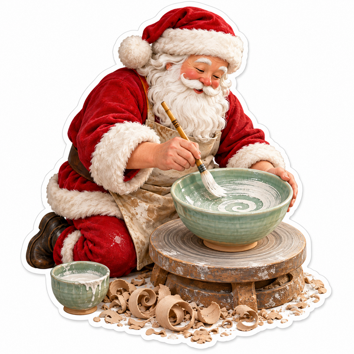 Santa Painting White Spirals in a Green Bowl Vinyl Decal Stickers