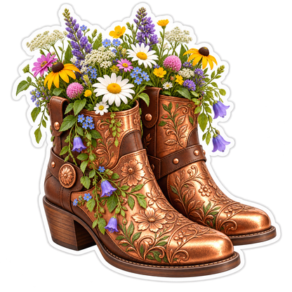 Tooled Brown Boots Filled with Wildflowers Vinyl Decal Stickers