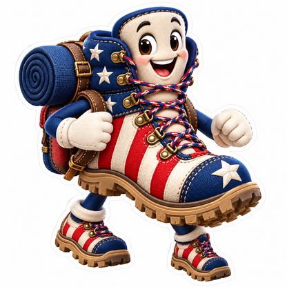 Patriotic Hiking Boot Character with Pack Art Vinyl Decal Stickers