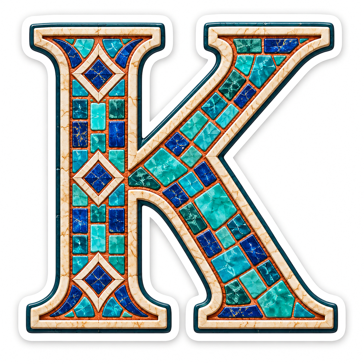 Turquoise Mosaic Ivory Border Letter K Vinyl Decal Stickers