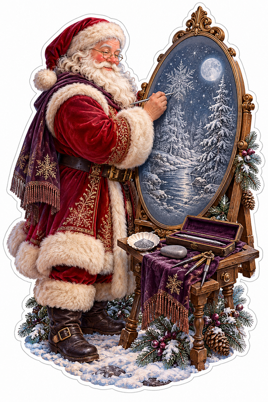 Santa Etching Oval Moonlit Forest Panel Vinyl Decal Stickers