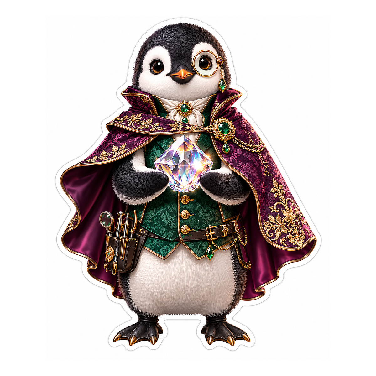 Purple Cape Penguin Holding Rainbow Crystal Vinyl Decal Stickers