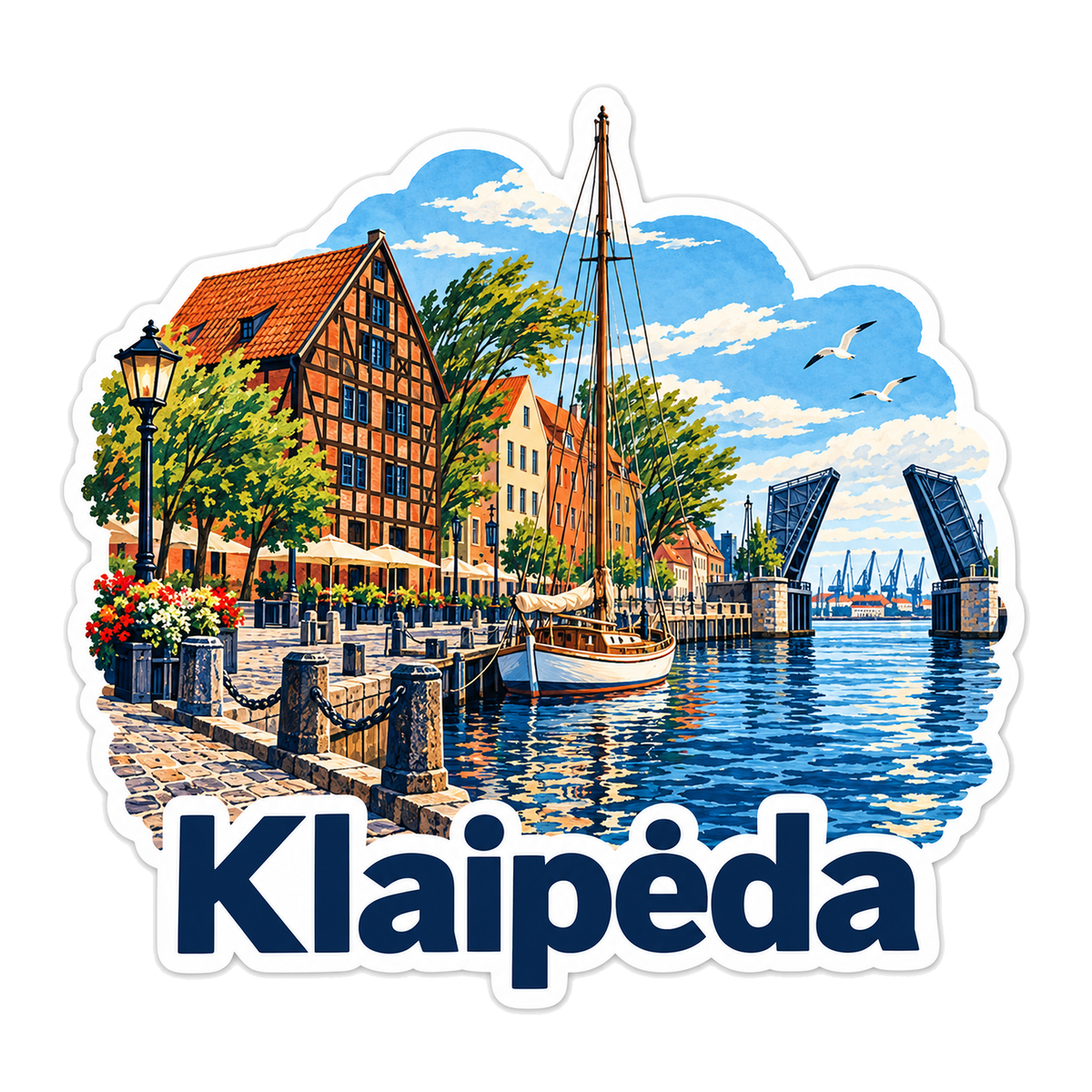 Klaipeda Harbor Sailboat and Half Timbered House Vinyl Decal Stickers
