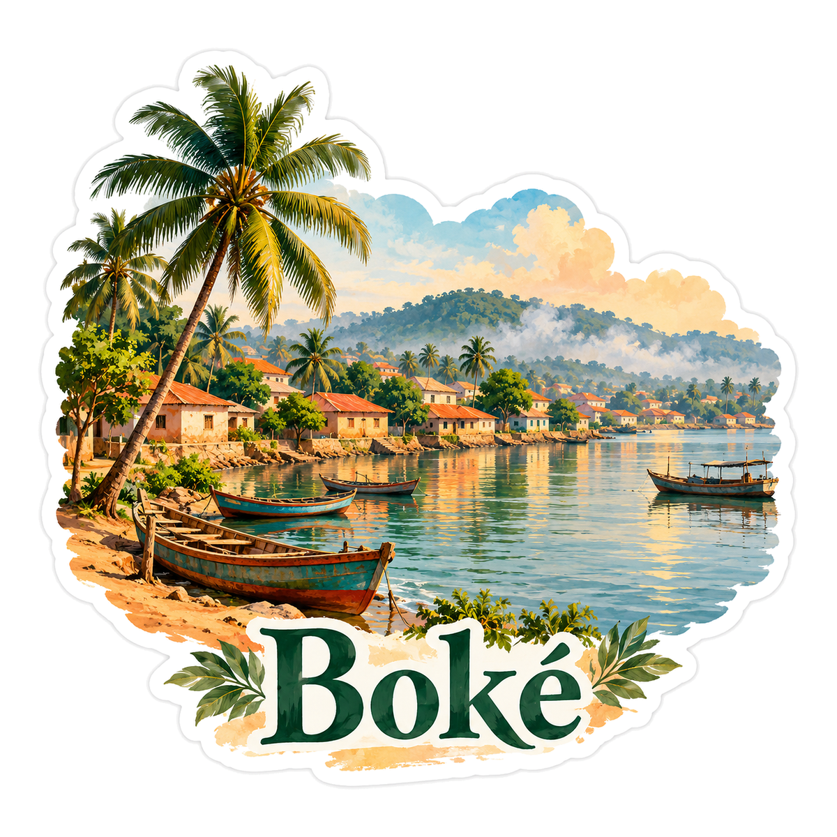 Boke Palm River Fishing Boats Travel Art Vinyl Decal Stickers