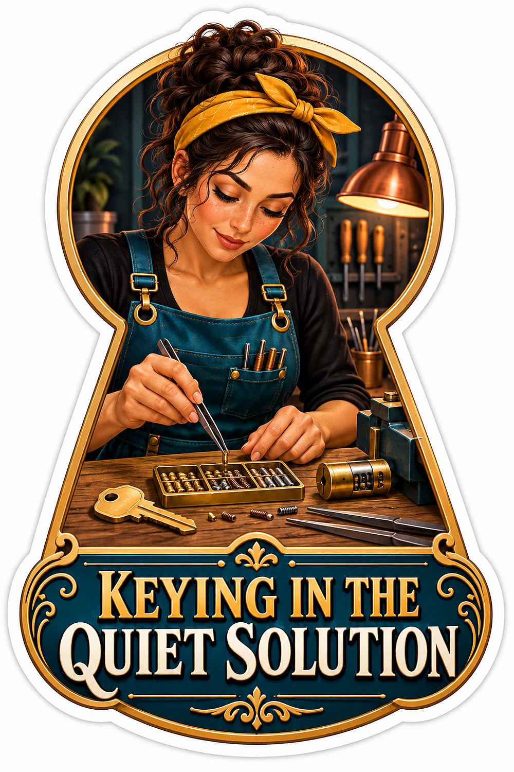 Woman Fixing Brass Lock in Keyhole Frame Vinyl Decal Stickers