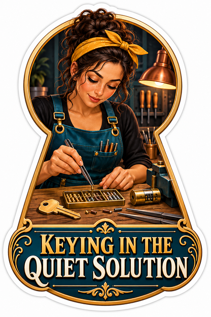 Woman Fixing Brass Lock in Keyhole Frame Vinyl Decal Stickers