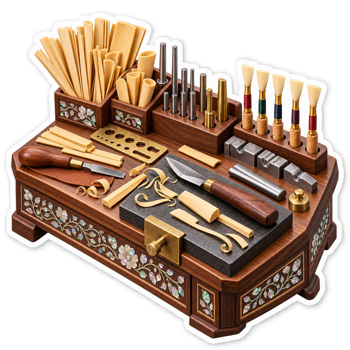Reed Making Bench With Bamboo and Hand Tools Art Vinyl Decal Stickers