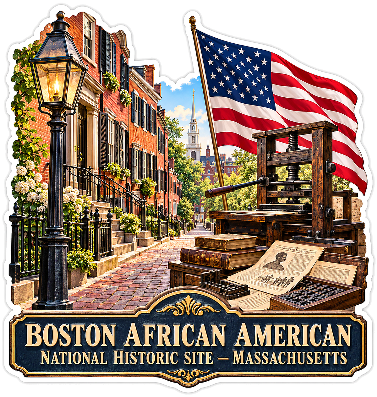 US Flag Brick Lane and Wooden Printing Press Vinyl Decal Stickers