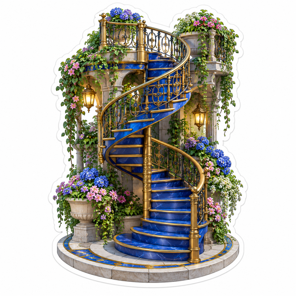 Blue Spiral Staircase With Flower Vines Art Vinyl Decal Stickers