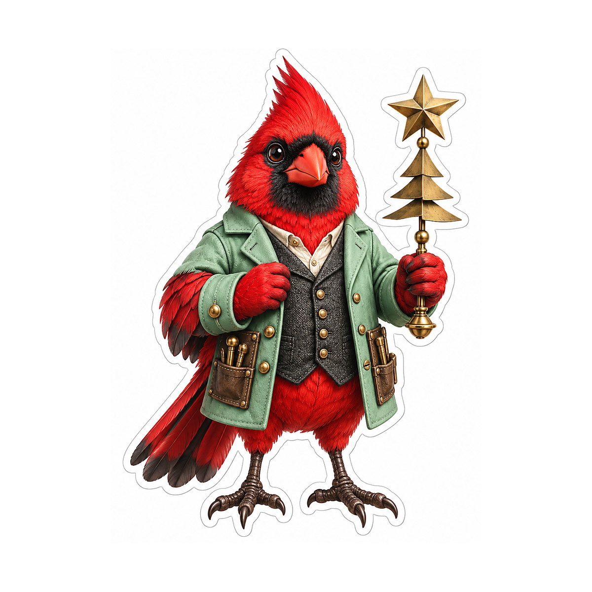 Cardinal in Green Coat with Star Wand Vinyl Decal Stickers