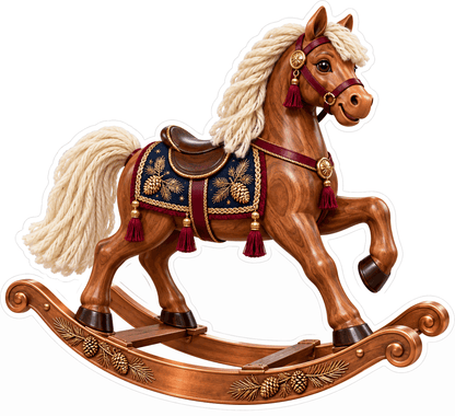 Ornate Wooden Rocking Horse Burgundy Saddle Vinyl Decal Stickers