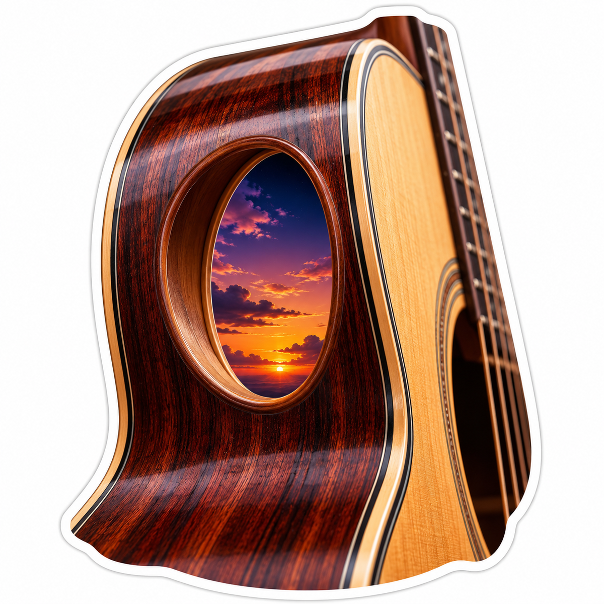 Wood Guitar Sound Port with Sunset Sky Vinyl Decal Stickers