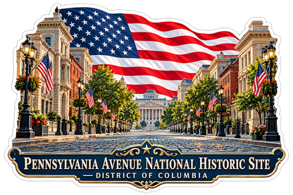 Washington Avenue beneath American Flag Art Vinyl Decal Stickers