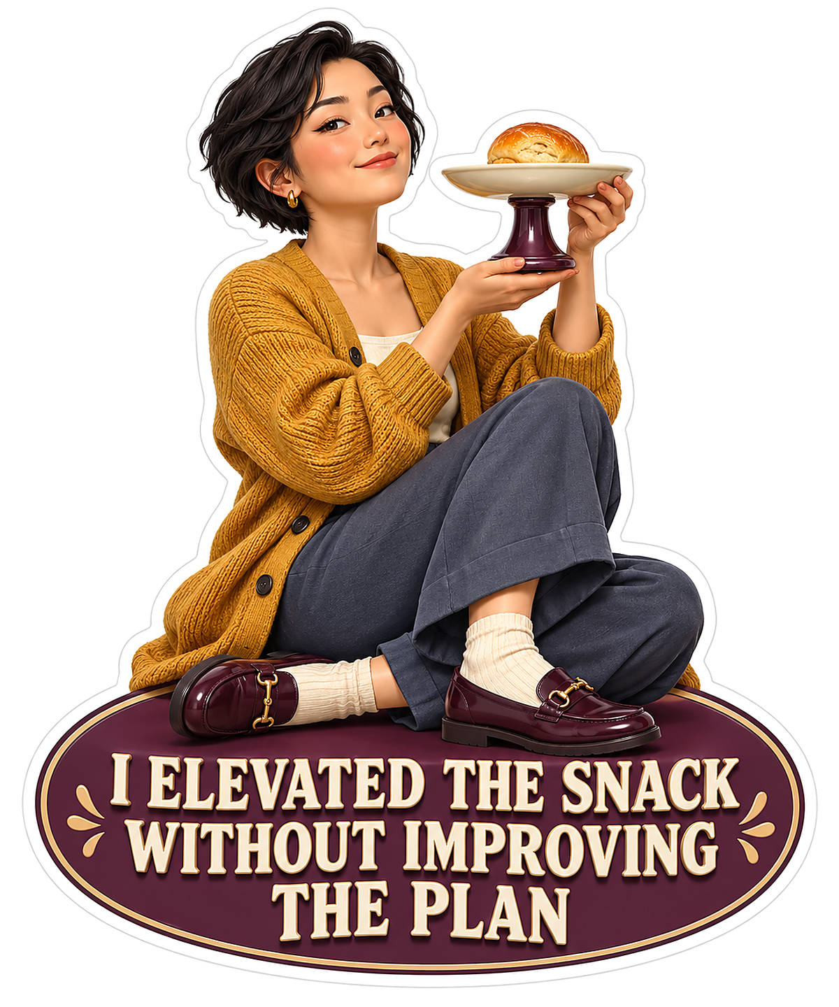 Seated Woman Holding Raised Snack Plate Vinyl Decal Stickers