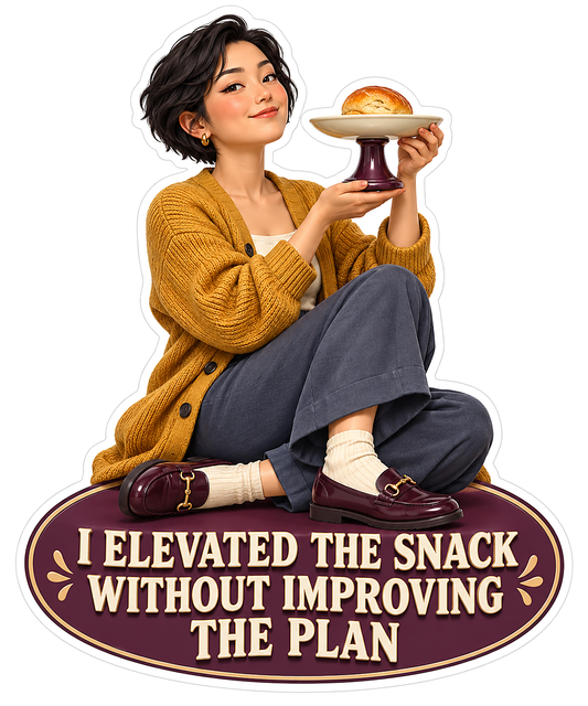 Seated Woman Holding Raised Snack Plate Vinyl Decal Stickers