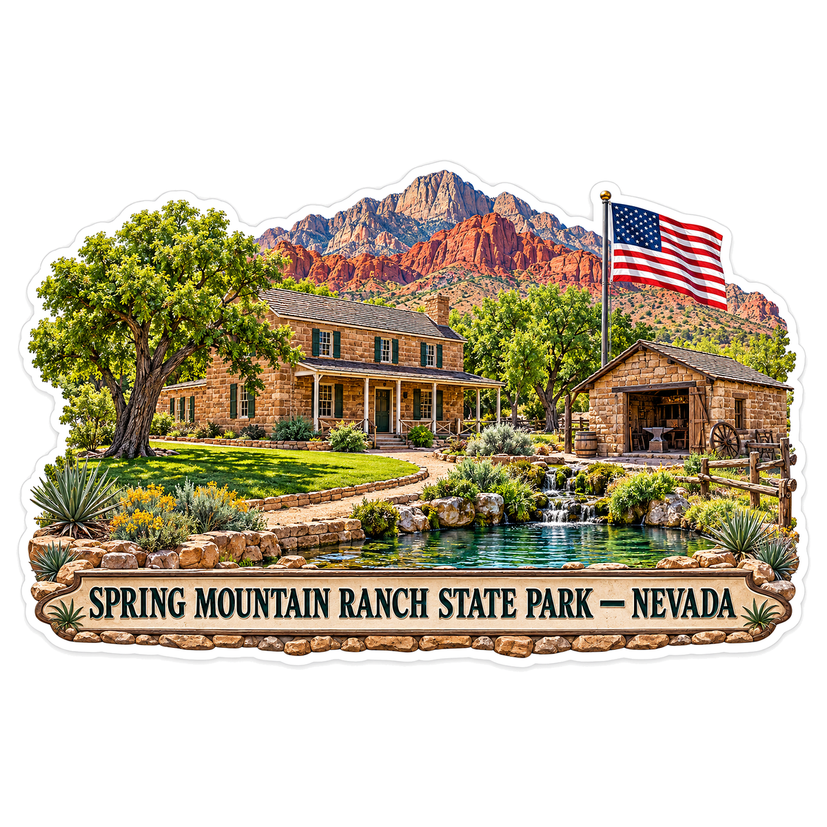Nevada Mountain Ranch with American Flag Art Vinyl Decal Stickers