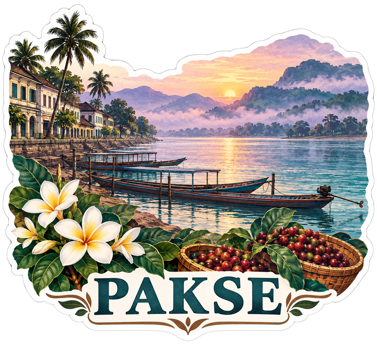 Pakse Misty River Boats and White Flowers Vinyl Decal Stickers