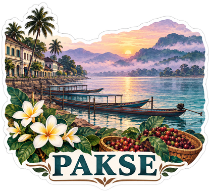 Pakse Misty River Boats and White Flowers Vinyl Decal Stickers