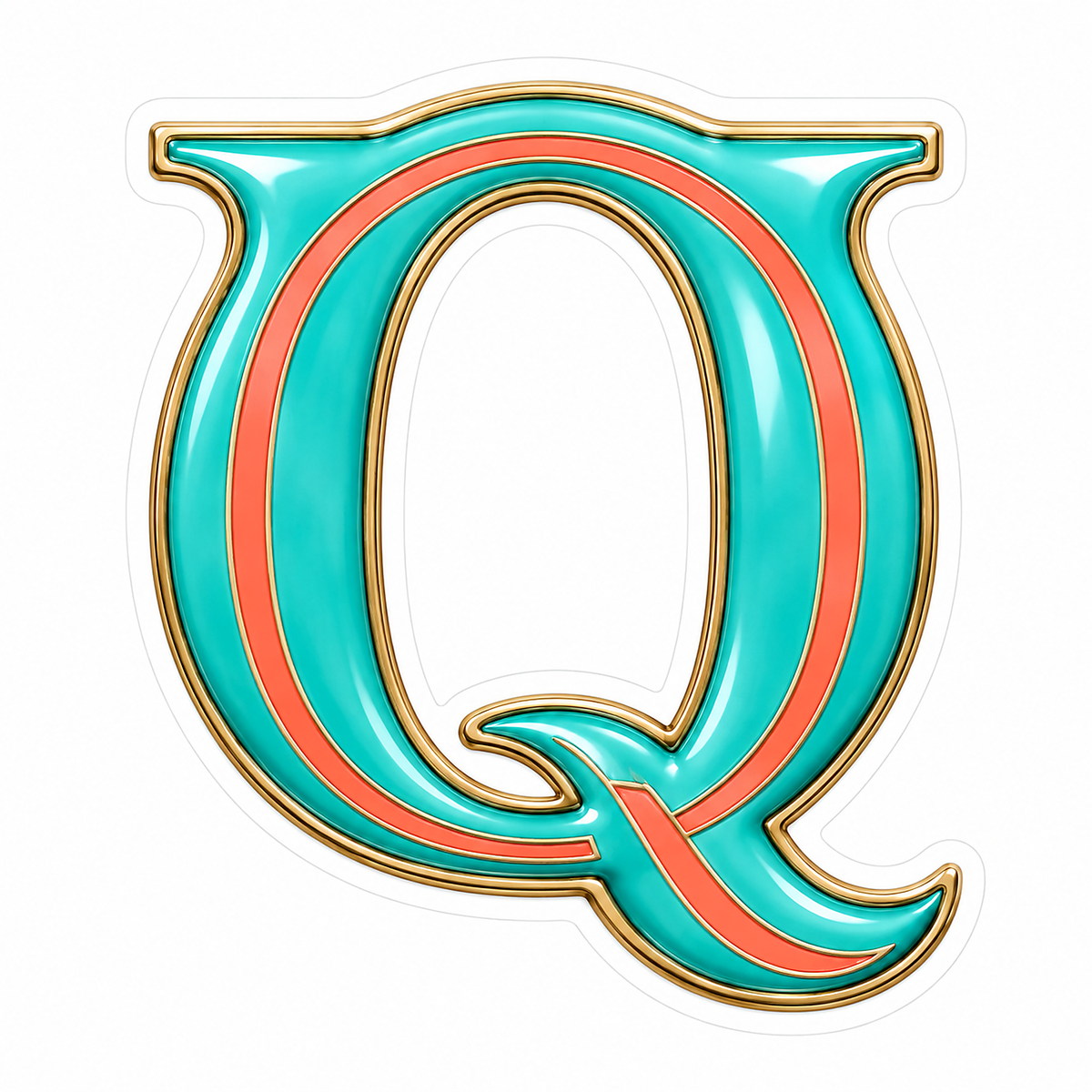 Aquamarine Coral Gold Border Letter Q Vinyl Decal Stickers