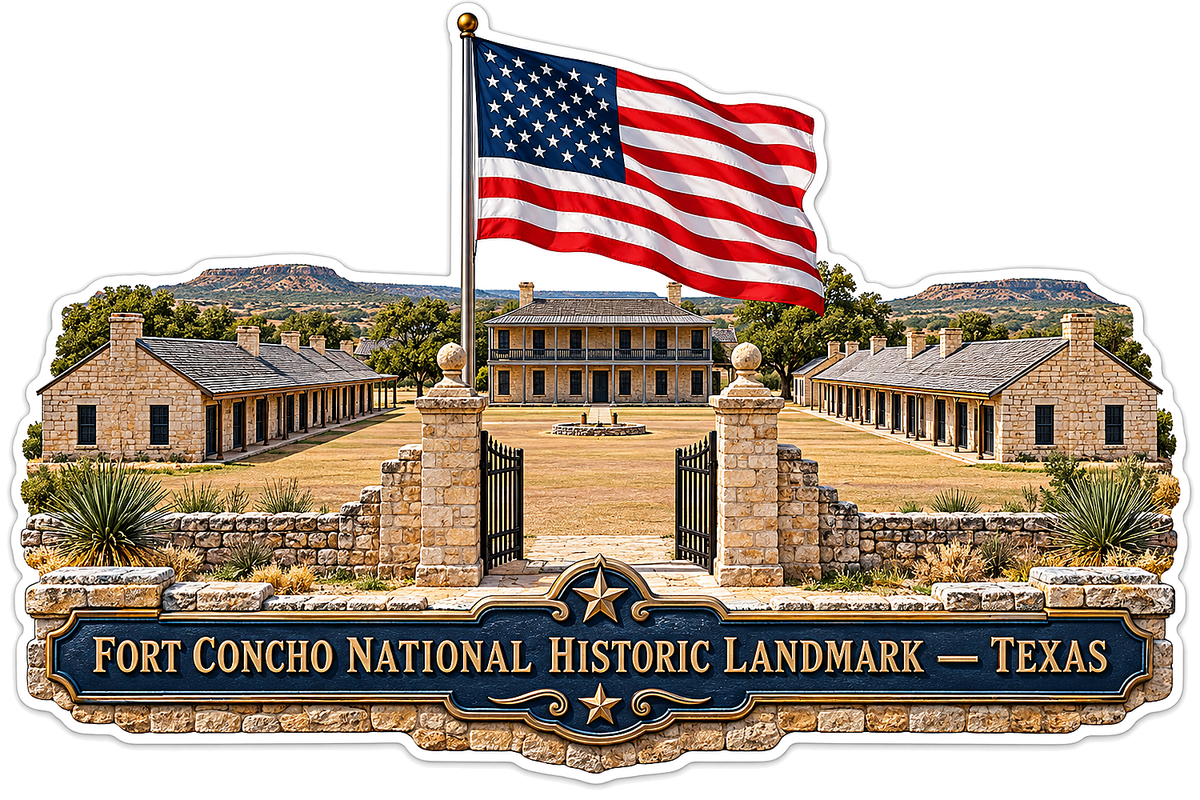 Texas Stone Fort Courtyard and US Flag Art Vinyl Decal Stickers