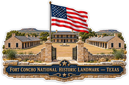 Texas Stone Fort Courtyard and US Flag Art Vinyl Decal Stickers