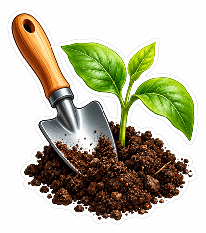 Garden Trowel beside Seedling in Soil Vinyl Decal Stickers