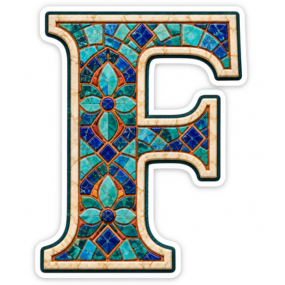 Turquoise Mosaic Letter F with Cream Edge Art Vinyl Decal Stickers