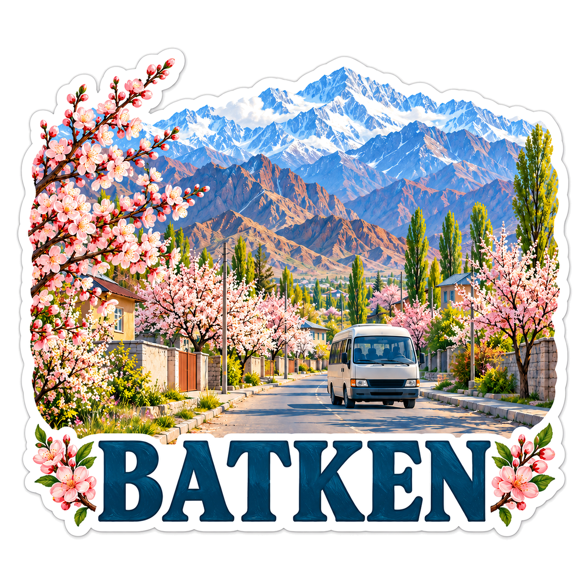 Batken Blossom Mountain Road Travel Art Vinyl Decal Stickers