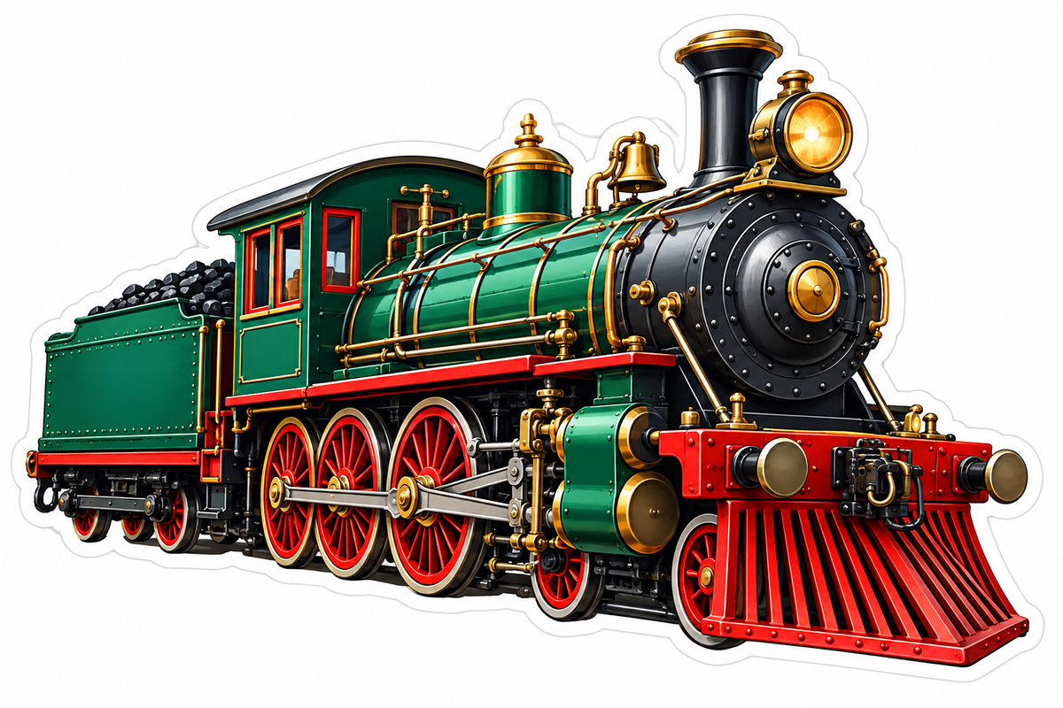 Green Red Steam Locomotive with Gold Trim Vinyl Decal Stickers