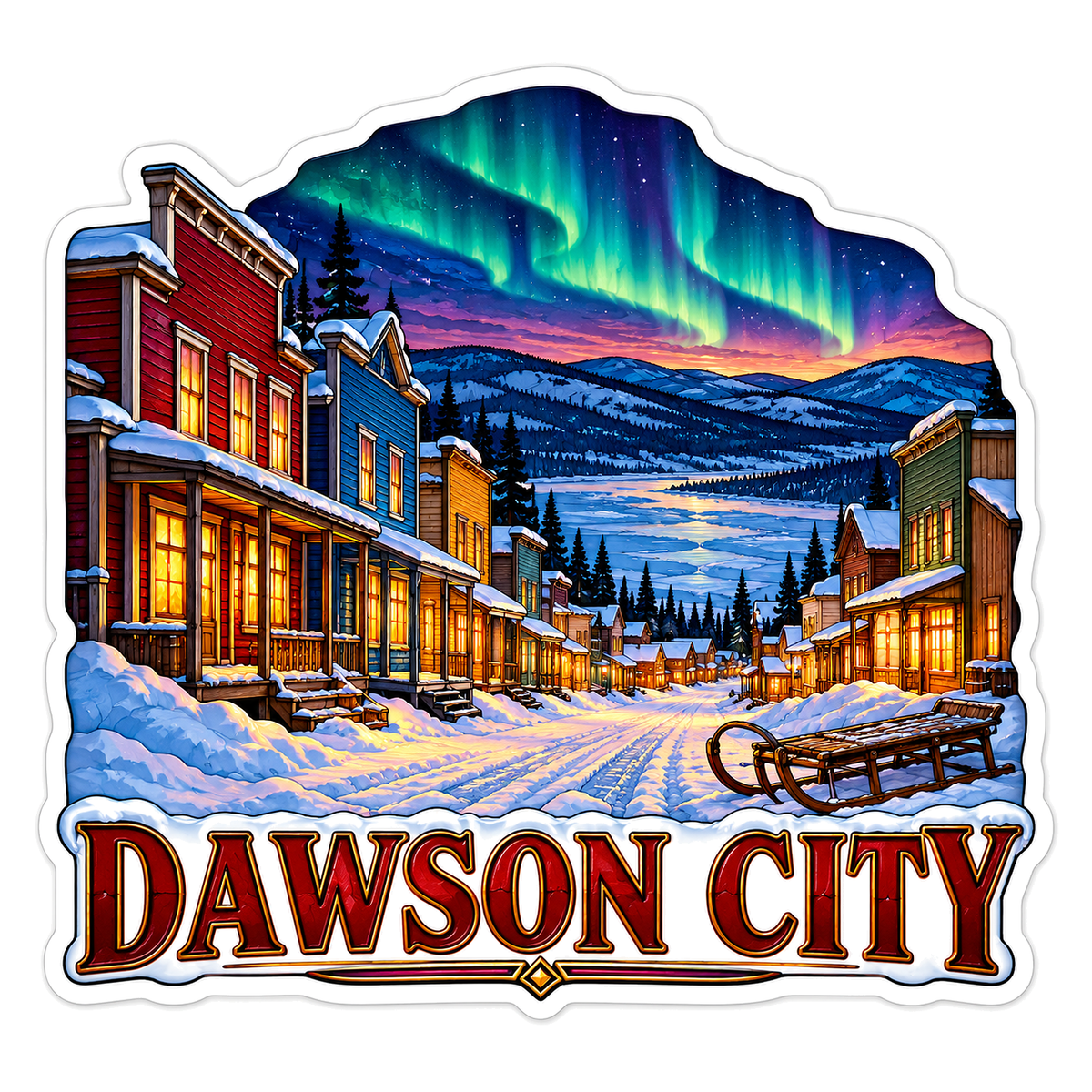 Dawson City Snowy Aurora Travel Art Vinyl Decal Stickers