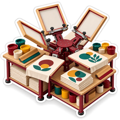 Red Screen Printing Press with Colored Inks Vinyl Decal Stickers