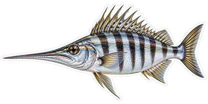Striped Silver Fish with Long Pointed Snout Art Vinyl Decal Stickers