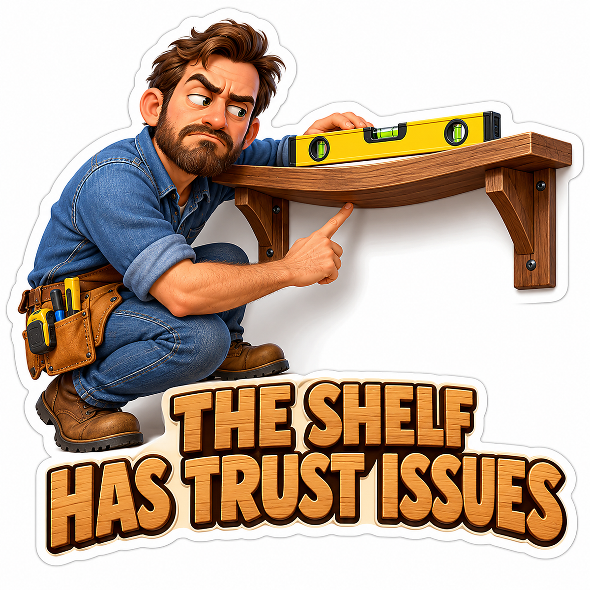 Man Inspecting Uneven Wooden Shelf Art Vinyl Decal Stickers