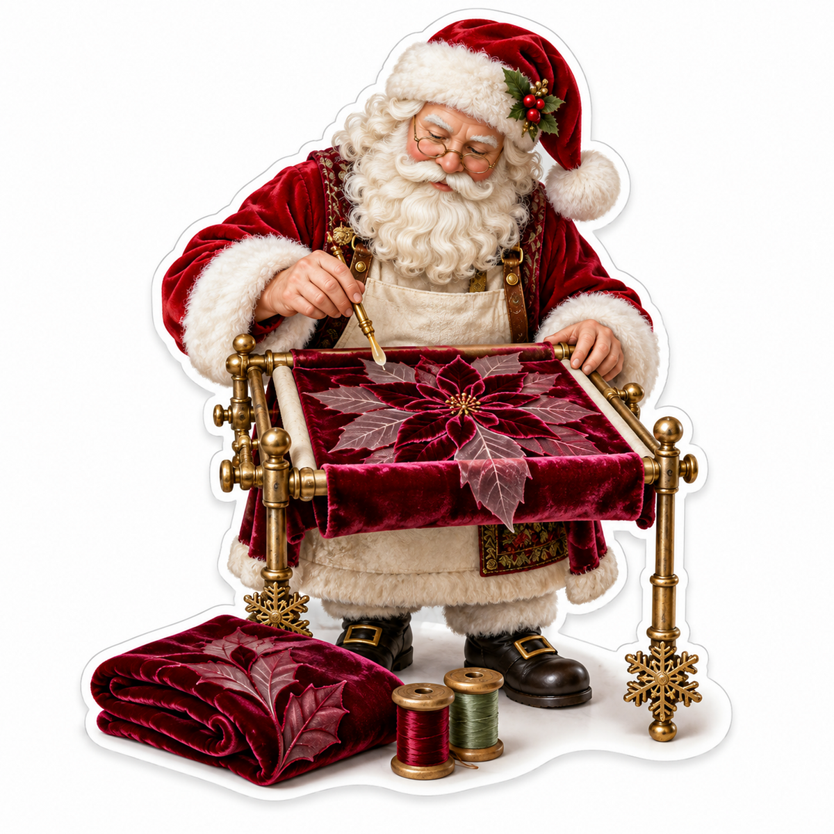 Santa Embroidering a Red Flower on Velvet Vinyl Decal Stickers
