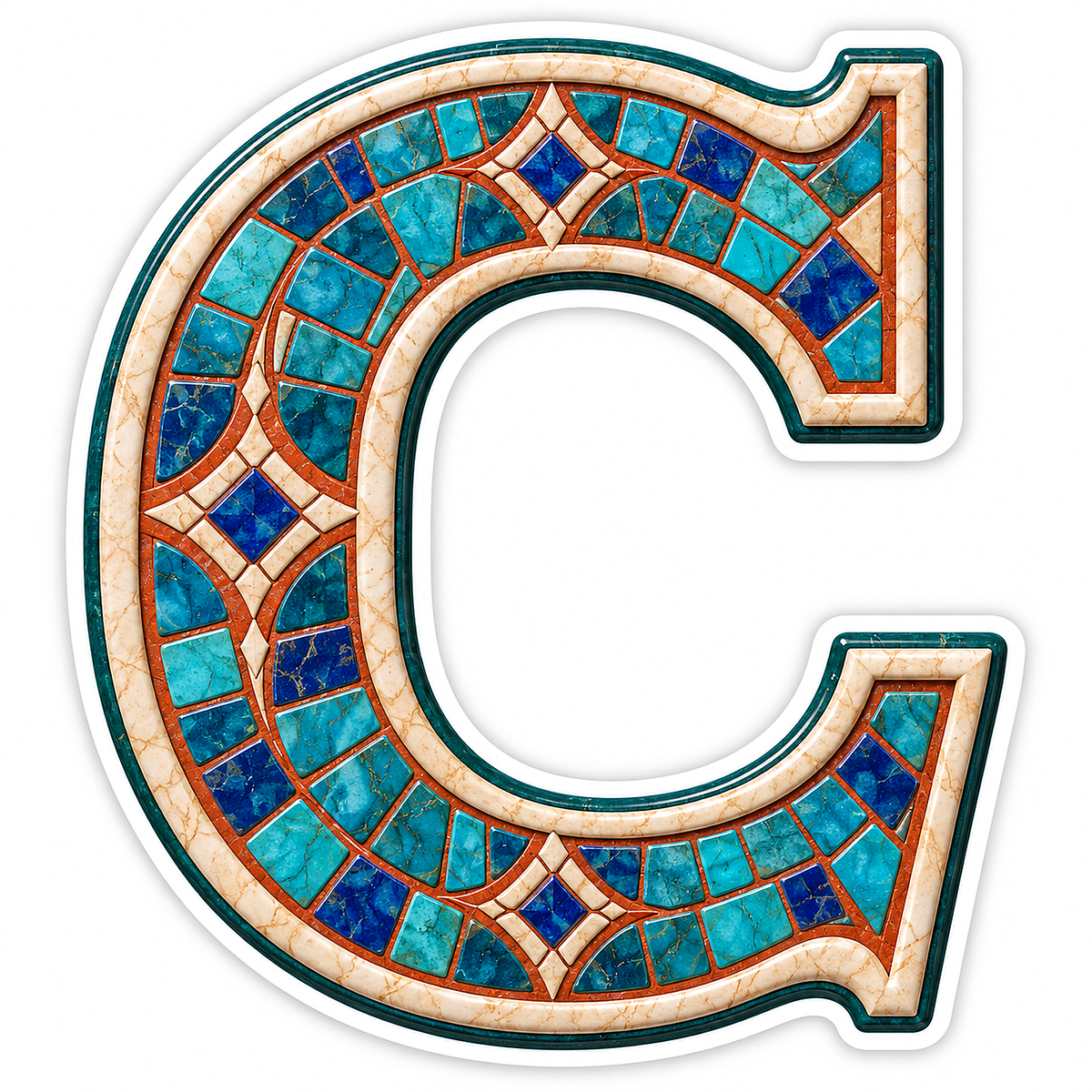 Turquoise Mosaic Letter C with Cream Edge Art Vinyl Decal Stickers