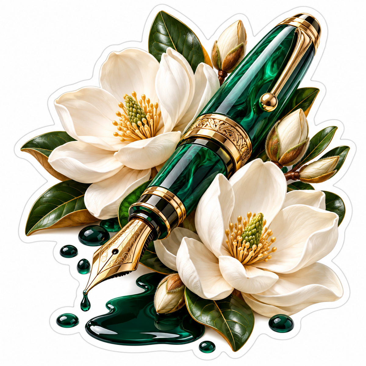 Green Fountain Pen with White Magnolias Vinyl Decal Stickers