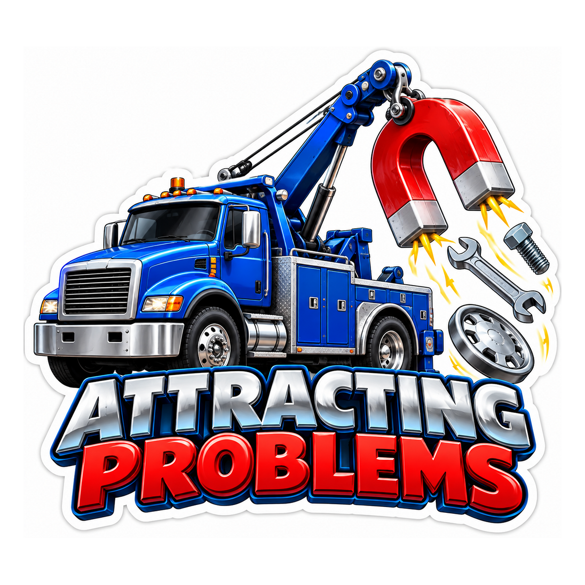 Blue Tow Truck with Giant Horseshoe Magnet Vinyl Decal Stickers