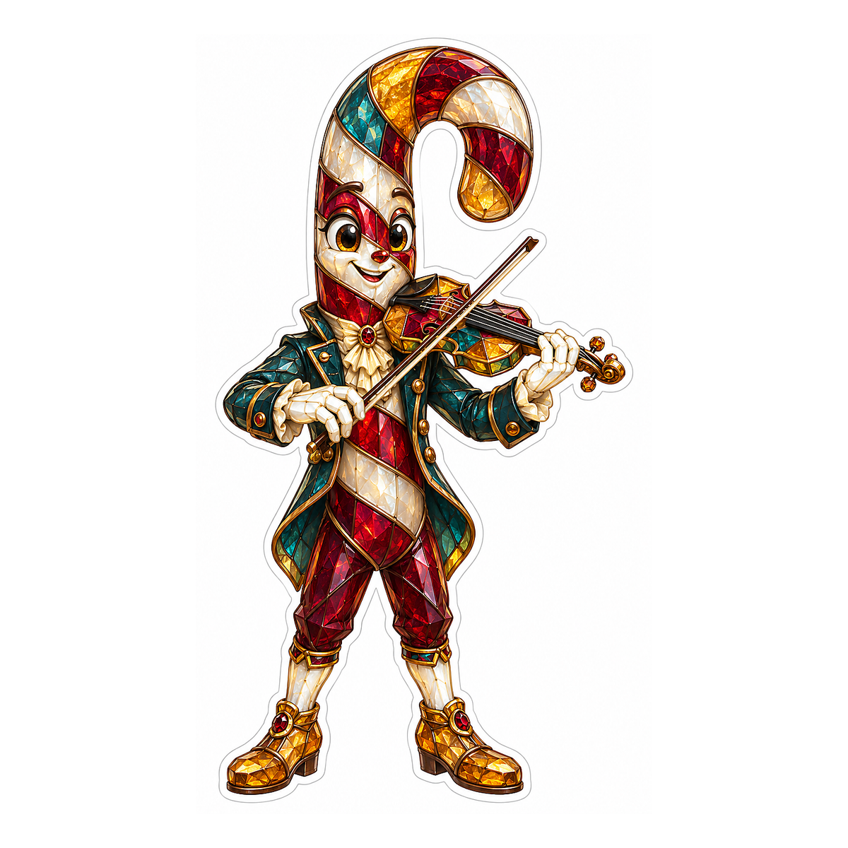 Jeweled Candy Cane Violinist in Green Coat Art Vinyl Decal Stickers