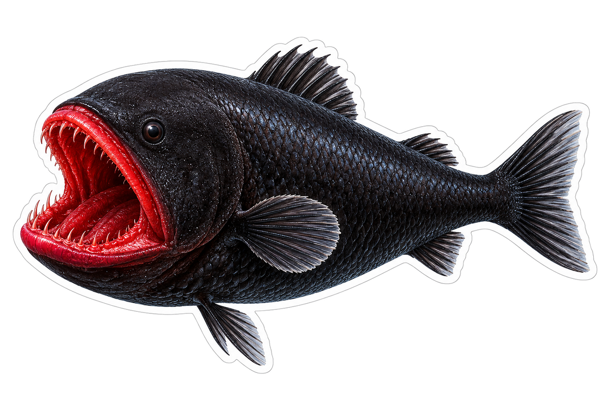 Black Redmouth Whalefish with Open Jaws Vinyl Decal Stickers