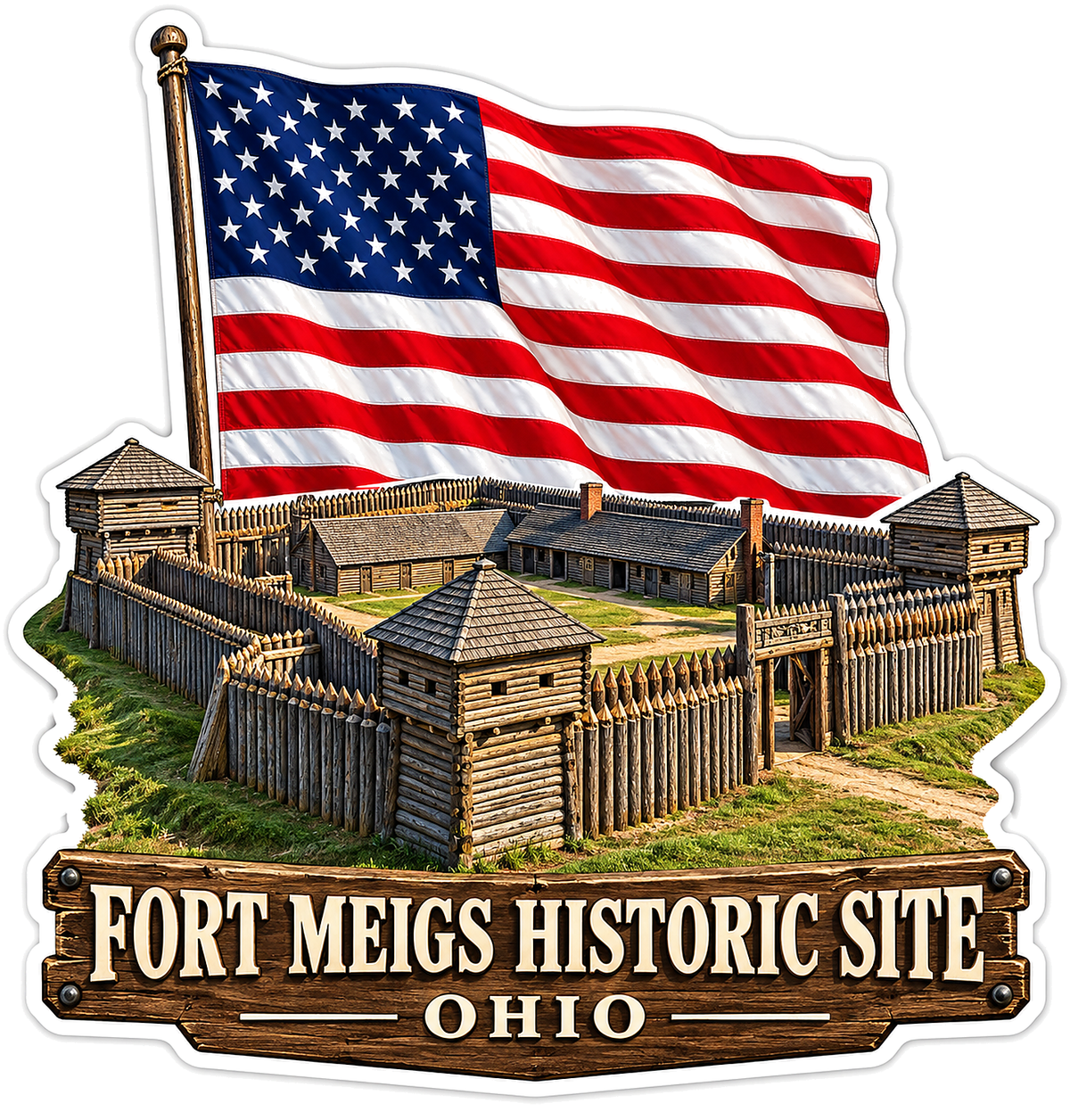 Ohio Wooden Fort with US Flag Art Vinyl Decal Stickers