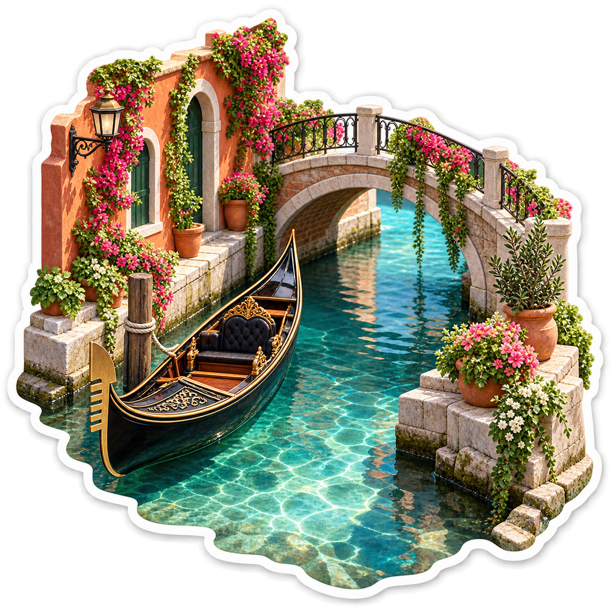 Black Gondola beneath Flowered Stone Bridge Vinyl Decal Stickers