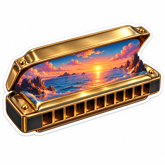 Golden Harmonica with Sunset Ocean Scene Vinyl Decal Stickers