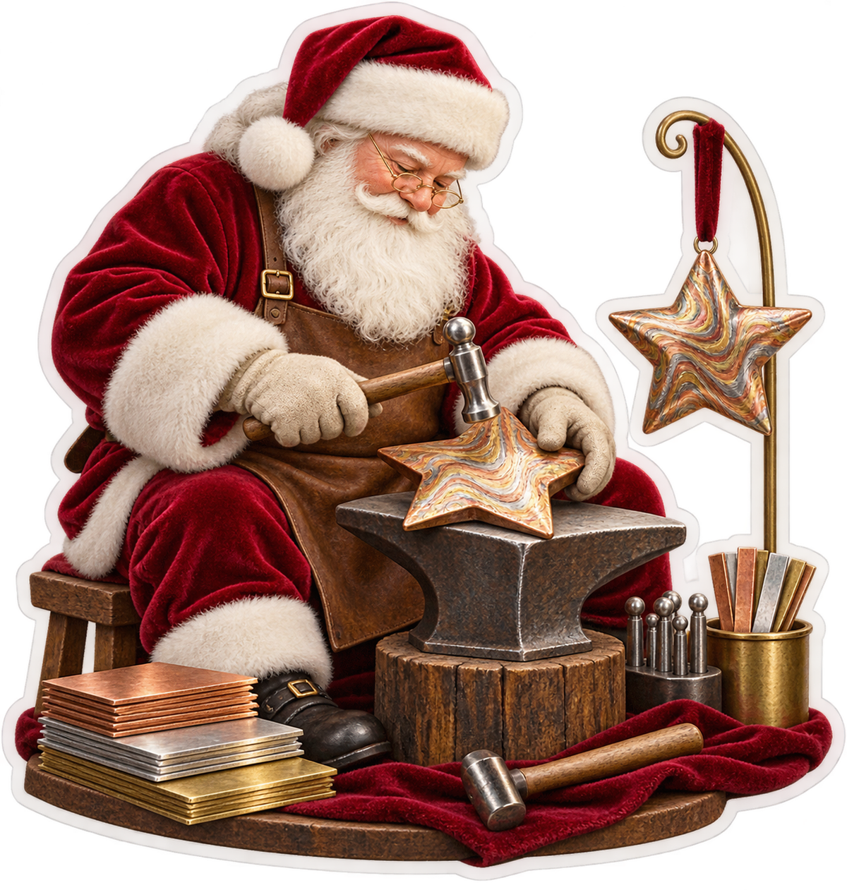 Santa Hammering Marbled Metal Star Art Vinyl Decal Stickers