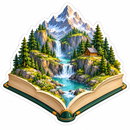 Mountain Waterfalls and Cabin in Open Book Vinyl Decal Stickers