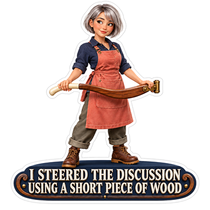 Woman In Red Apron Holding Curved Wood Vinyl Decal Stickers