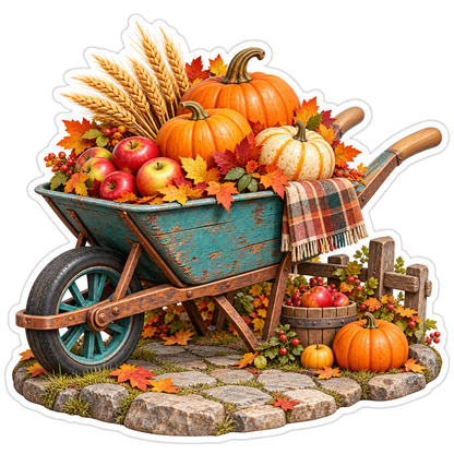Harvest Wheelbarrow With Pumpkins and Apples Art Vinyl Decal Stickers