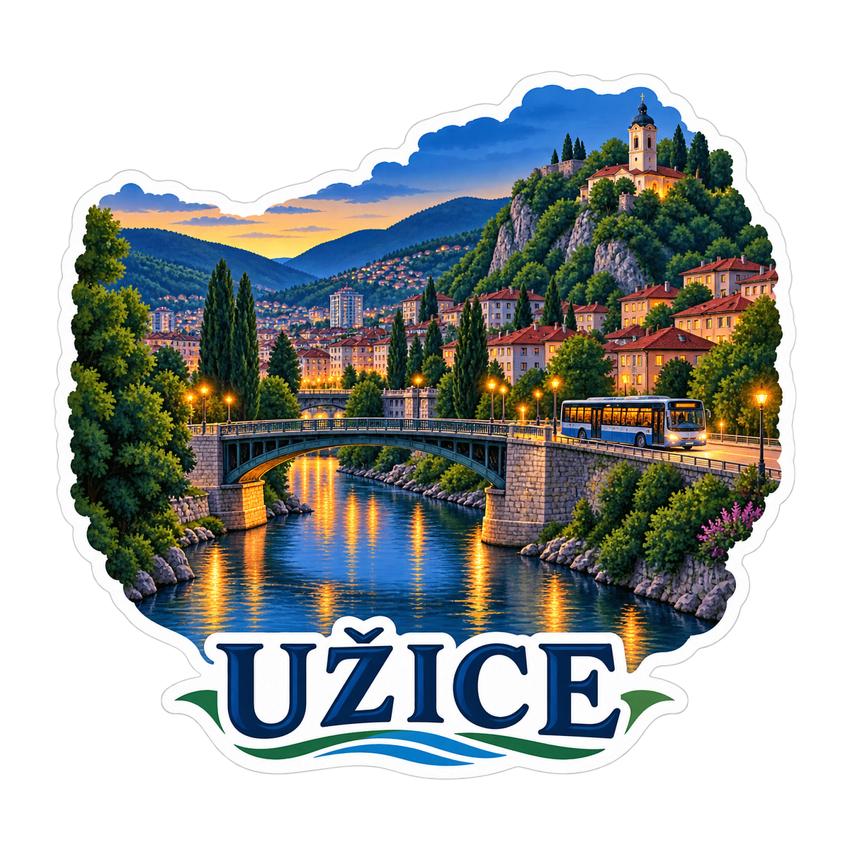 Uzice Blue Hour River Bridge Art Vinyl Decal Stickers